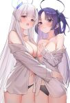  2girls asymmetrical_docking black_panties blue_archive breast_press breasts closed_mouth collarbone commentary grey_hair halo highres large_breasts long_hair lookhow multiple_girls navel noa_(blue_archive) off_shoulder open_mouth panties purple_eyes purple_hair shirt two_side_up underwear very_long_hair white_background white_shirt yuuka_(blue_archive) 