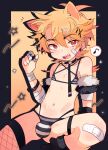  1boy absurdres animal_ears bandages bikini black_choker blonde_hair bulge cat_ears choker earrings fangs fishnets fur_trim highres indie_virtual_youtuber jewelry kainen male_focus mole navel open_mouth otoko_no_ko red_eyes sesami_sesasesa solo stomach striped striped_bikini swimsuit 