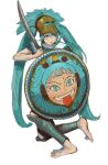  1girl :p absurdres aqua_eyes aqua_hair armor barefoot english_commentary greaves hatsune_miku helmet highres hoplite long_hair mossacannibalis shield simple_background sword tongue tongue_out twintails very_long_hair vocaloid weapon white_background 