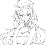  1girl absurdres arknights blush breasts cleavage diamond-shaped_pupils diamond_(shape) dragon_horns gstiyl highres horns long_hair looking_at_viewer medium_breasts monochrome sketch smile solo surtr_(arknights) symbol-shaped_pupils upper_body v 