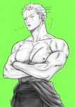  1boy bara cowboy_shot green_background green_hair greyscale_with_colored_background highres large_pectorals looking_ahead male_focus maruopzx muscular muscular_male nipples one_piece pectorals roronoa_zoro sanpaku scar scar_across_eye short_hair sigh solo topless_male tsurime 