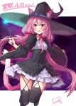  1girl absurdres animal_ear_fluff animal_ears black_dress black_headwear cat_ears cat_girl cat_tail dress ears_through_headwear hair_ribbon hat highres holding holding_wand indie_virtual_youtuber key long_hair long_sleeves looking_at_viewer meika_ruka open_mouth pink_eyes pink_hair ribbon smile striped striped_ribbon tail takanashi_kei_(hitsujikan) twintails virtual_youtuber wand wide_sleeves witch_hat 