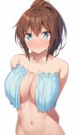  1girl amasawa_chigusa arms_behind_back bare_shoulders blue_eyes blush bottomless breasts brown_hair closed_mouth highres kazuma_(kazumav) large_breasts looking_at_viewer original simple_background solo sweat white_background 