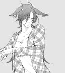  1girl air_shakur_(umamusume) alternate_costume breasts camisole cleavage closed_mouth ear_piercing ears_down eyebrow_piercing greyscale iner_(shakur_mom) jacket long_hair long_sleeves looking_at_viewer monochrome open_clothes open_jacket parted_bangs piercing shirt small_breasts solo umamusume upper_body watch wristwatch 