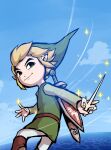  1boy belt blonde_hair blue_sky boots brown_belt brown_footwear green_shirt green_tunic highres link looking_at_viewer medium_hair outdoors pants pointy_ears shield_on_back shirt sky solo sword sword_on_back the_legend_of_zelda the_legend_of_zelda:_the_wind_waker toon_link wasabi_(legemd) water weapon weapon_on_back white_pants 