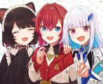  3girls aishima_marota ange_katrina ange_katrina_(1st_costume) black_choker black_kimono blue_eyes blue_hair brown_hair choker closed_eyes colored_inner_hair fangs hair_intakes highres inui_toko inui_toko_(1st_costume) japanese_clothes kimono lize_helesta lize_helesta_(1st_costume) multicolored_hair multiple_girls nijisanji pink_eyes red_hair sanbaka_(nijisanji) smile v white_hair 