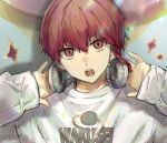  1boy blue_lock braid hands_up headphones kurona_ranze long_sleeves looking_at_viewer male_focus open_mouth red_eyes red_hair short_hair side_braid single_braid sleeves_past_wrists slit_pupils solo squr11608 sweater teeth upper_body upper_teeth_only white_sweater 