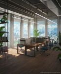  2022 3d air_vent artist_name bookshelf ceiling ceiling_light chair city cityscape day highres indoors industrial_pipe interior keyboard_(computer) monitor no_humans office office_chair original plant potted_plant printer scanner scenery shelf surafin swivel_chair table 