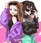  2girls black_hair brown_eyes brown_hair eyewear_on_head fang hair_between_eyes highres idolmaster idolmaster_cinderella_girls jacket koseki_reina long_hair multiple_girls pon_(ponymmtknsk) purple_eyes short_hair sunazuka_akira sunglasses twintails 