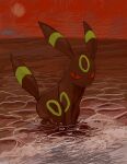  animal_focus closed_mouth full_body highres looking_at_viewer nishinori_(24no71) no_humans outdoors pokemon pokemon_(creature) red_sky sitting sky solo sun umbreon water 