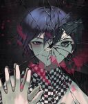  2boys black_background black_hair black_jacket blood broken_mirror brown_eyes buttons checkered_clothes checkered_scarf closed_mouth danganronpa_(series) danganronpa_v3:_killing_harmony evil_smile grey_background hand_on_mirror hand_up hwang_(h751073) jacket looking_at_viewer male_focus mirror multiple_boys oma_kokichi pink_blood portrait purple_eyes purple_hair saihara_shuichi scarf smile striped striped_jacket white_jacket 