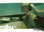  1boy 1girl :o blue_sky english_text green_eyes green_hair green_theme hatsune_miku headphones ippotsk kaito_(vocaloid) looking_back pointing pointing_at_another sky vocaloid 