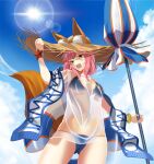  1girl absurdres animal_ear_fluff animal_ears beach_umbrella bikini bikini_under_clothes blue_bikini cloud cloudy_sky ears_through_headwear fate/grand_order fate_(series) fox_ears fox_girl fox_tail hat highres looking_at_viewer looking_down nemurinemuri open_mouth outdoors pink_hair shirt side-tie_bikini_bottom sky solo straw_hat sun swimsuit t-shirt tail tamamo_(fate) tamamo_no_mae_(swimsuit_lancer)_(fate) tamamo_no_mae_(swimsuit_lancer)_(second_ascension)_(fate) umbrella wet wet_clothes wet_shirt yellow_eyes 