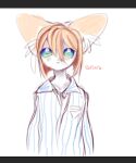  6ish 6ixcb anthro big_ears big_eyes blonde_hair blue_eyes canid canine clothed clothing dress_shirt female fox green_eyes hair inner_ear_fluff kemono mammal pattern_clothing shirt solo solo_focus striped_clothing stripes topwear tuft 