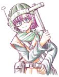  1girl belt blue_eyes chrono_trigger closed_mouth glasses helmet highres holding holding_mallet kashii_yutaka looking_at_viewer lucca_ashtear mallet purple_hair scarf short_hair simple_background smile solo weapon white_background 