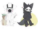 &lt;3 3_toes 4_fingers ambiguous_gender anthro bean_bag black_body black_fur box canid canine canis changed_(video_game) chest_tuft clipboard clothing coat container crotch_tuft dr._k_(changed) duo eyes_closed feet fingers fur gas_mask goo_creature head_tuft hi_res inner_ear_fluff lab_coat male mammal mask open_mouth pawpads paws plant plant_pot poch1 pockets potted_plant puro_(changed) simple_background toes topwear tuft white_background white_body white_eyes white_fur wolf 