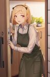  1girl 3_small_spiders :d absurdres animal_ears apron blonde_hair blush breasts cat_ears collarbone commission cowboy_shot door fake_animal_ears girls&#039;_frontline green_apron hairband hands_up highres indoors long_sleeves looking_at_viewer m3_(girls&#039;_frontline) medium_breasts medium_hair open_mouth opening_door plant potted_plant purple_eyes shirt skeb_commission smile solo white_shirt 