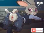  anthro anus bent_over bottomwear clothing dialogue disney female genitals hi_res ike_marshall judy_hopps lagomorph leporid mammal pants police_uniform purple_eyes pussy rabbit solo speech_bubble torn_bottomwear torn_clothing torn_pants uniform zootopia 