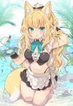  1girl :d ahoge animal_ear_fluff animal_ears barefoot beach bikini blonde_hair blush breasts cleavage commentary_request cuffs cup food frills fuwafuwa-chan_(kamiyoshi_rika) green_eyes highleg highleg_panties highres holding holding_cup ice_cream kamiyoshi_rika large_breasts long_hair looking_at_viewer maid maid_bikini ocean open_mouth original palm_leaf panties partially_submerged skirt smile solo swimsuit tail thigh_gap thighs thong_bikini tropical tropical_drink unconventional_maid underwear very_long_hair water wet 