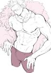  1boy abs absurdres blonde_hair closed_eyes coat cowboy_shot donquixote_doflamingo earrings feather_coat highres jewelry male_focus muscular muscular_male navel necklace nowosuke one_piece parted_lips partially_colored pectorals pink_coat short_hair simple_background sunglasses topless_male white_background 
