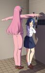  2girls absurdres assert_your_dominance_(meme) bathroom black_skirt blue_hair blush bocchi_the_rock! brown_footwear commentary covering_mouth cube_hair_ornament english_commentary full_body gotou_hitori hair_ornament highres hinghoi jacket loafers long_hair long_legs long_sleeves looking_at_another meme mole mole_under_eye multiple_girls one_side_up outstretched_arms own_hands_together pants parted_bangs pink_hair pink_jacket pink_pants pleated_skirt school_uniform shadow shirt shoes short_hair skirt socks t-pose tile_floor tile_wall tiles very_long_hair white_shirt white_socks yamada_ryou yellow_eyes 