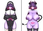  2022 amber_eyes big_breasts breasts choker clothing demon demon_humanoid female genitals gloves hair handwear hi_res horn humanoid humanoid_pointy_ears jewelry legwear looking_at_viewer navel necklace nipples not_furry nun_habit nun_outfit purple_body purple_hair pussy simple_background smile solo spade_tail stockings tail vuaisu white_background womb_tattoo 
