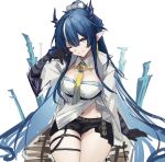  1girl arknights bandaged_arm bandages black_shorts blue_hair breasts earrings goma_74umai highres horns jewelry large_breasts ling_(arknights) long_hair midriff_peek one_eye_closed pointy_ears shorts smile thigh_strap 