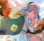  :d backpack bag blue_eyes blue_shirt blue_skirt blunt_bangs day falling_leaves hair_bobbles hair_ornament highres holding holding_stick kawashiro_nitori leaf long_sleeves looking_at_viewer looking_back maple_leaf medium_hair mozukuzu_(manukedori) open_mouth outdoors shirt skirt skirt_pocket smile stick teeth touhou two_side_up upper_teeth_only 