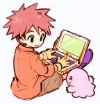  black_eyes brown_hair child computer digimon digimon_(creature) digimon_adventure gloves happy highres izumi_koushirou laptop looking_at_another miino25 mochimon on_floor red_hair short_hair simple_background spiked_hair yellow_gloves 
