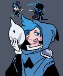  2boys alternate_costume animal animal_on_head bandaid bandaid_on_face black_cat blue_cloak blue_eyes blue_hair blue_shirt cat cat_on_head chibi cloak closed_mouth commentary english_commentary english_text furmao_game gloves grey_background heart holding holding_mask hood hooded_cloak light_frown looking_at_viewer looking_away male_focus mask mask_pull mask_removed multiple_boys on_head removing_mask revita_(game) revita_kid scarf shirt solo_focus upper_body white_gloves white_mask white_scarf 