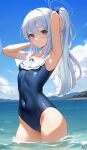  1girl absurdres armpits arms_behind_back blue_archive blue_eyes blue_halo blue_one-piece_swimsuit blush breasts casual_one-piece_swimsuit covered_navel frilled_one-piece_swimsuit frills halo highres kiu6 long_hair looking_at_viewer miyako_(blue_archive) miyako_(swimsuit)_(blue_archive) ocean off-shoulder_one-piece_swimsuit off_shoulder official_alternate_costume one-piece_swimsuit outdoors partially_submerged ponytail small_breasts smile solo swimsuit 