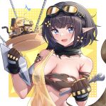  1girl areola_slip arknights bare_shoulders black_hair blue_eyes blunt_bangs blush breasts brown_gloves chain cleavage collarbone detached_collar eunectes_(arknights) gloves goggles goggles_on_head halftone halftone_background highres holding lancet-2_(arknights) large_breasts looking_at_viewer pointy_ears saylamars see-through short_hair snake_tail solo tail torn_bikini upper_body wrench yellow_background 