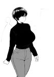  black_hair black_sweater denim highres jeans looking_at_viewer monochrome non-web_source norman_maggot olive_laurentia pants sweater turtleneck turtleneck_sweater 