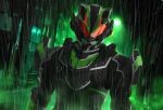  1boy animal_ears armor black_armor black_bodysuit bodysuit green_theme highres kamen_rider kamen_rider_geats_(series) kamen_rider_tycoon kamen_rider_tycoon_(shogun) male_focus miyabi_(037) night power_armor raccoon_ears rain red_eyes shogun tanuki upper_body water_drop 