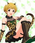  1girl animal_ears blonde_hair brown_eyes dress fukuda_noriko gloves idolmaster idolmaster_million_live! idolmaster_million_live!_theater_days leopard_ears leopard_tail official_art open_mouth short_hair simple_background tail 