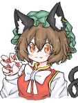  1girl :3 animal_ear_fluff animal_ears blush_stickers breasts brown_hair cat_ears cat_tail chen claw_pose commentary_request earrings fangs fangs_out fingernails fumomono hair_between_eyes hand_up hat highres jewelry mob_cap multiple_tails nekomata orange_eyes red_nails sharp_fingernails short_hair simple_background single_earring small_breasts solo tail touhou two_tails white_background 