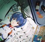  4zw89qkqagggcf7 ayanami_rei blue_hair bodysuit breasts broken_eyewear closed_mouth expressionless glasses highres id_card medicine neon_genesis_evangelion paper pill pilot_suit plugsuit red_eyes short_hair translation_request white_bodysuit 