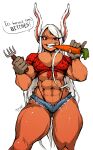  abs absurd_res animal_humanoid biceps bottomwear breasts butt_from_the_front carrot cleavage clothed clothing cutoffs dark_body dark_skin denim denim_clothing eating female food gav hair hi_res humanoid lagomorph lagomorph_humanoid leporid_humanoid long_ears looking_at_viewer mammal mammal_humanoid miruko muscular muscular_female my_hero_academia navel plant rabbit_humanoid red_eyes shorts skimpy solo thick_thighs thong underwear vegetable white_hair wide_hips 