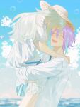  1boy 1girl beach blue_hair blue_sky blush carrying carrying_person closed_eyes dress facing_another hat hetero highres kamishiro_rui kusanagi_nene light_blue_hair light_green_hair long_sleeves ocean open_mouth popoq project_sekai purple_hair shirt short_hair sky smile sun_hat white_dress white_shirt 