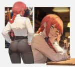  @_@ alcohol ass back beer black_necktie chainsaw_man counter hand_on_own_face hand_on_own_hip highres huge_ass long_sleeves makima_(chainsaw_man) necktie photo_background ponytail red_hair shirt sin_(sintrybest) smile white_shirt yellow_eyes 