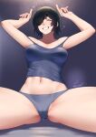  1girl arms_up black_hair breasts can chainsaw_man closed_eyes crotch drunk eyepatch grey_camisole grey_panties grin highres himeno_(chainsaw_man) horns_pose index_finger_raised large_breasts navel panties sawasa short_hair sitting smile solo stomach strap_slip teeth thighs underwear 