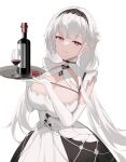  1girl absurdres alcohol azur_lane bangs bottle breasts cleavage closed_mouth condom condom_wrapper cup dress drinking_glass elbow_gloves flower gloves hair_flower hair_ornament highres holding holding_tray large_breasts licking_lips long_hair looking_at_viewer maid maid_headdress red_eyes scylla_(azur_lane) simple_background smile solo tongue tongue_out tray white_background white_dress white_gloves white_hair whitehartlane13 wine wine_bottle wine_glass 