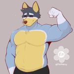  anthro australian_cattle_dog bandit_heeler belly blue_body bluey_(series) canid canine canis cattledog domestic_dog eyes_closed flexing_bicep flomarcy herding_dog hi_res male male/male mammal mature_male muscular overweight overweight_male pastoral_dog pecs smile solo 