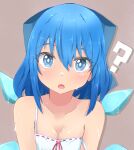  1girl :o ? bare_shoulders blue_bow blue_eyes blue_hair blush bow breasts bright_pupils cirno cleavage commentary_request drop_shadow fang grey_background hair_between_eyes hair_bow ice ice_wings looking_at_viewer medium_hair mizune_(winter) open_mouth simple_background small_breasts solo straight-on strap_slip sweat touhou upper_body white_pupils wings 