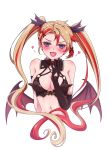  1girl axel_syrios black_bra blonde_hair blue_eyes blush bra breasts cleavage demon_wings detached_collar e1ctricee1s elbow_gloves fang genderswap genderswap_(mtf) gloves heart heart_in_eye highres holostars holostars_english low_wings multicolored_hair streaked_hair symbol_in_eye underwear white_background wings 