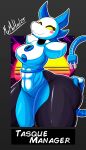  2023 abs absurd_res anthro breasts butt darkner deltarune felid feline female hi_res machine mammal mrmelted robot solo tasque_manager text thick_thighs undertale_(series) wide_hips yellow_sclera 