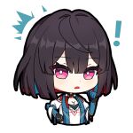  ! 1girl black_hair cavcaz chibi commentary cropped_torso hand_up honkai:_star_rail honkai_(series) looking_at_viewer lowres pink_eyes shirt short_hair simple_background solo upper_body white_background white_shirt xueyi_(honkai:_star_rail) 