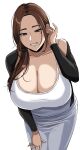  1girl arm_up black_jacket breasts brown_hair cleavage dress earrings grin hella_p highres huge_breasts jacket jewelry long_eyelashes long_hair long_sleeves mole mole_under_eye original smile white_dress 