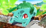  animal_focus blurry blurry_foreground bright_pupils bulbasaur claws closed_mouth commentary_request grass leaf monjiro no_humans nostrils one_eye_closed outdoors playground pokemon pokemon_(creature) rock shadow sidewalk solo white_pupils 