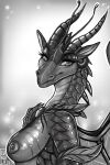  antennae_(anatomy) anthro big_breasts breasts clothed clothing crown dragon female greyscale headgear hi_res jewelry looking_at_viewer luna_(wof) lunula_(artist) majestic monochrome necklace nipples non-mammal_breasts non-mammal_nipples nude pinup portrait pose queen royalty scalie silkwing_(wof) solo tasteful_nudity topless wings_of_fire 